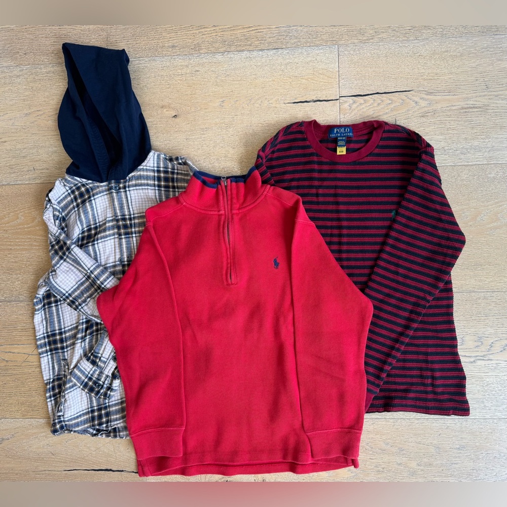 Boys Size 10-12 Long Sleeve Bundle – Polo Ralph Lauren & Plaid Hoodie – 3 Pieces